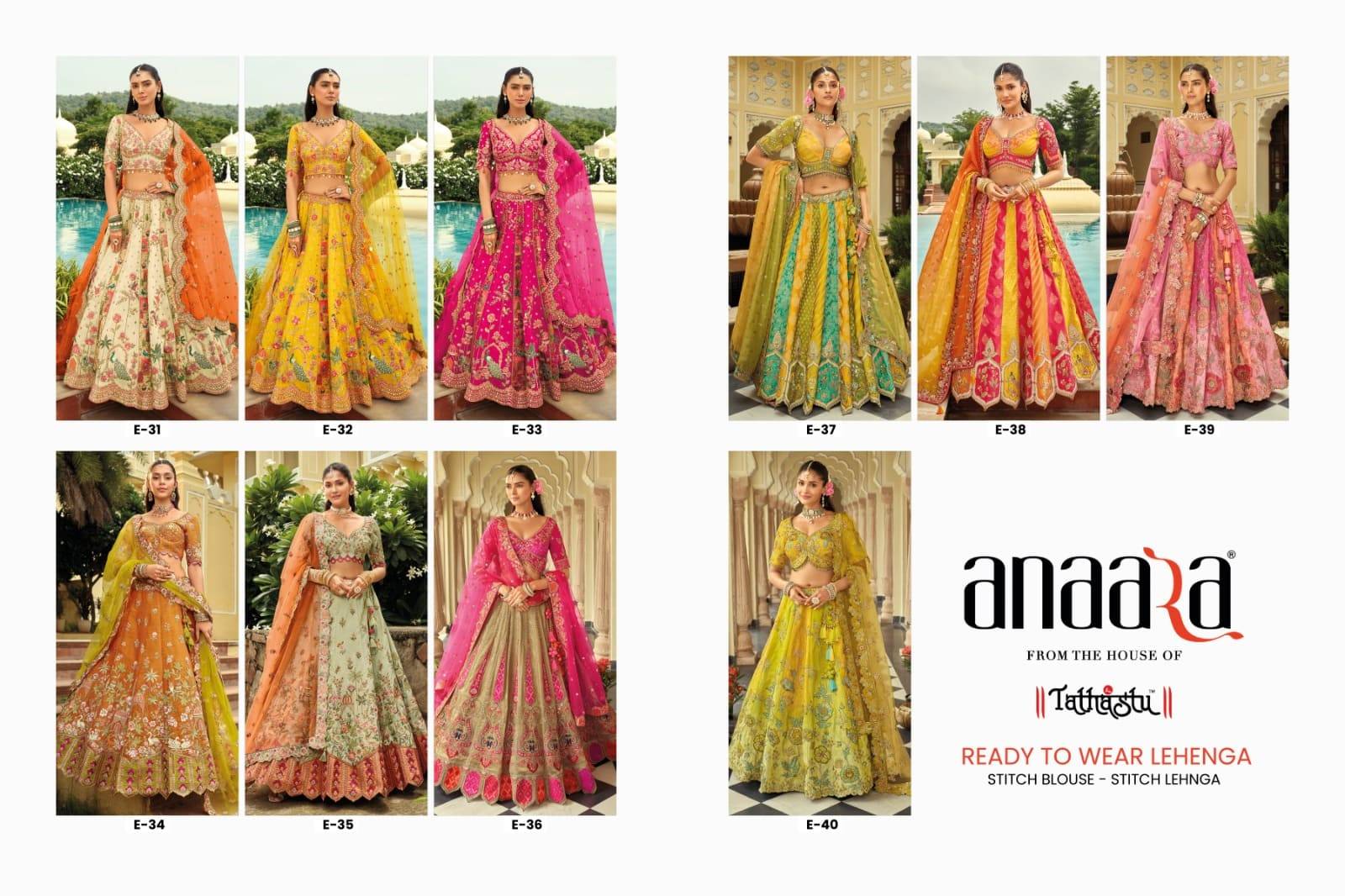 ANAARA READYMADE LEHENGA(E-31 TO E-40) By Tathastu Bridal Wear Collection Beautiful Stylish Colorful Fancy Party Wear & Occasional Wear Banarasi Silk Lehengas At Wholesale Price